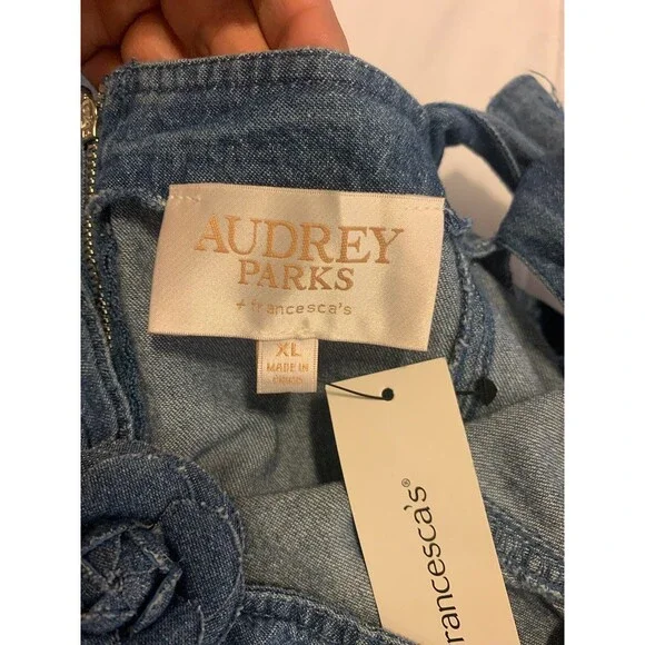 Audrey Park x Francesca's Maria Rosette Front Denim A Line Mini Dress New XL - Picture 8 of 12